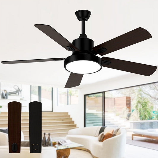 Skvevn Ceiling Fan with Light, Outdoor Black Ceiling Fan with Remote, 52-inch Black Ceiling Fan with 5 Reversible Walnut/Black Blades for Patio Farmhouse Bedroom